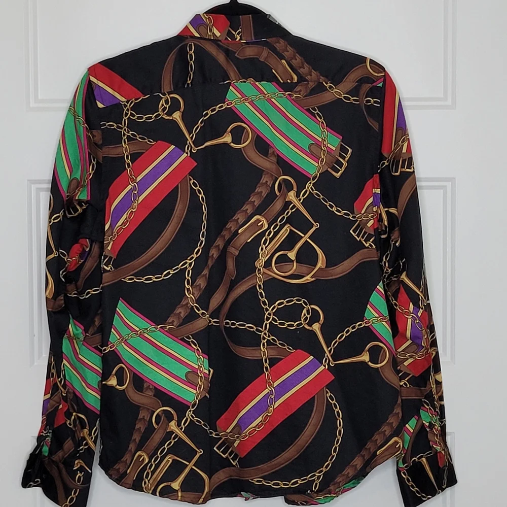 Lauren Ralph Lauren L Petite Black Horse Bit All Over Print Button Up Shirt - Picture 3 of 3